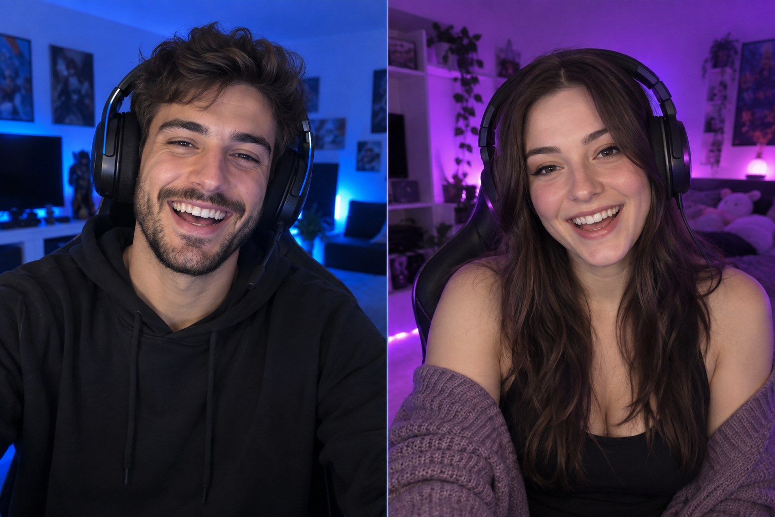 AI-generated example of two adults smiling while video chatting